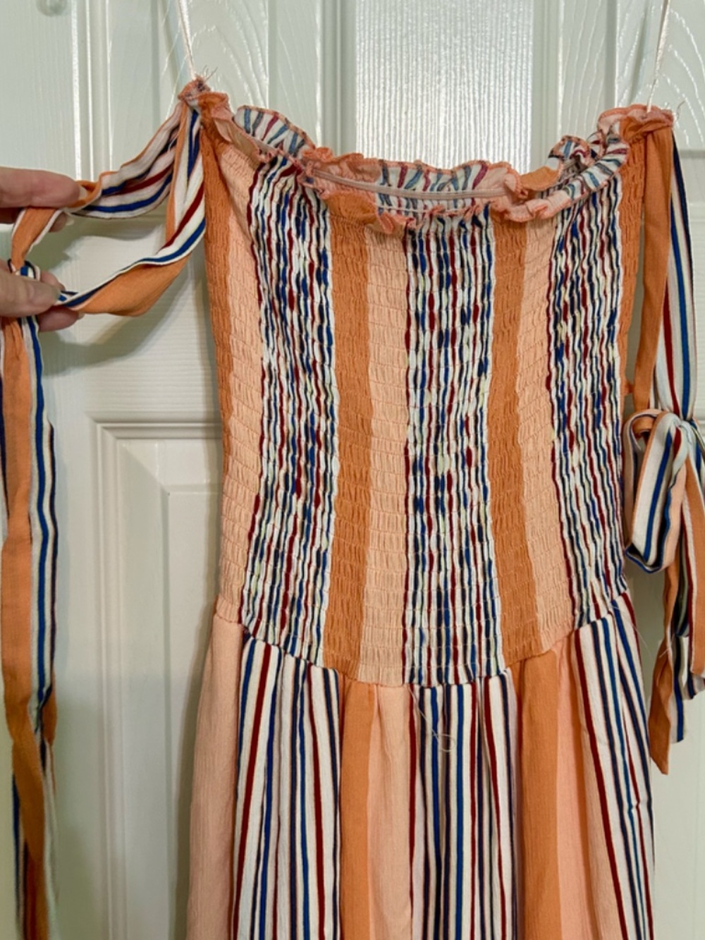 Altar'd State Orange Stripe Maxi Dress Gauzy Smocked Tie Shoulders Ruffle Small - Picture 3 of 12